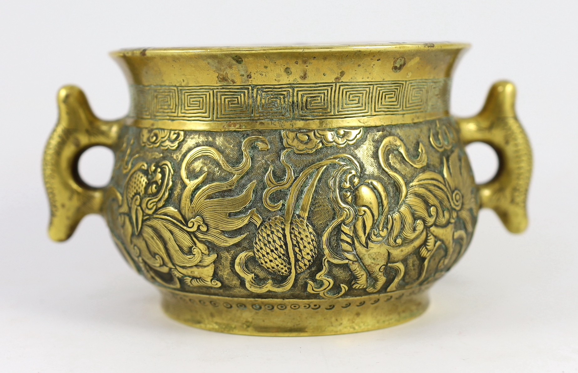 A Chinese polished bronze ‘Buddhist lion’ censer, gui, 19th century, 19.5cm wide, rim diameter 14cm